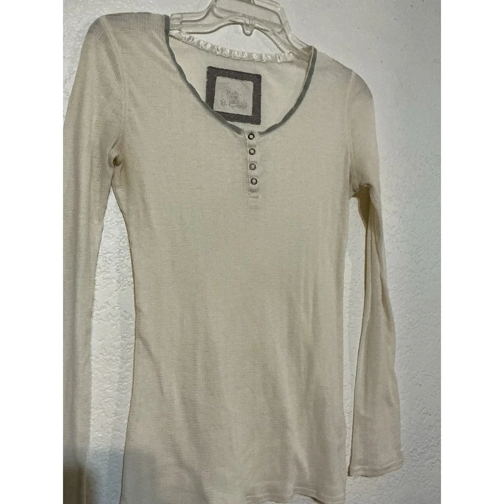 Henley Top Lace Ribbon Ivory Pointelle Ribbed Button Large Women's - Picture 2 of 8